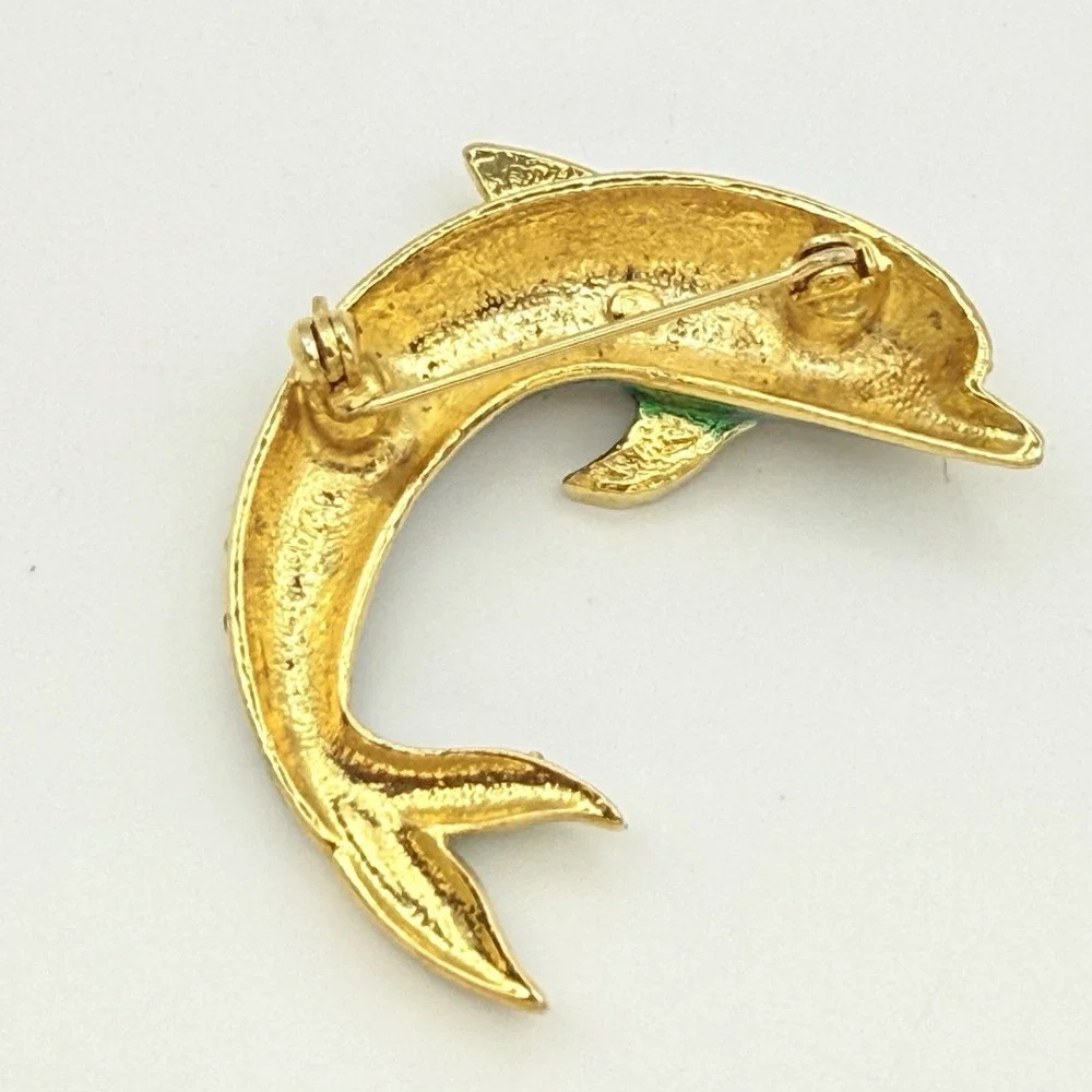 Signed DIS Vintage Dolphin Brooch Blue Green Enamel Rhinestone Gold Tone Pin